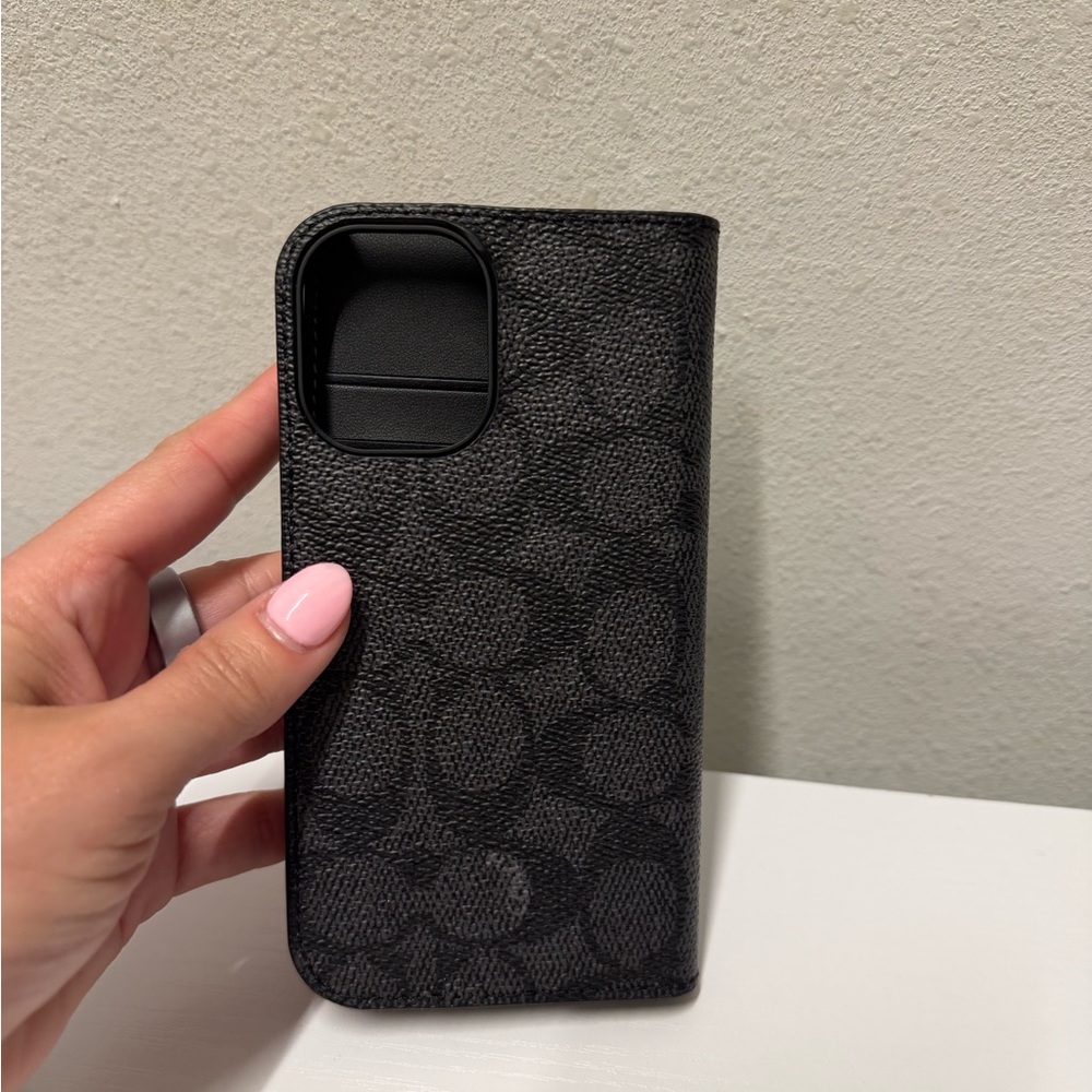 Coach Black Signature Folio Phone Case with Monogram Texture iPhone 16